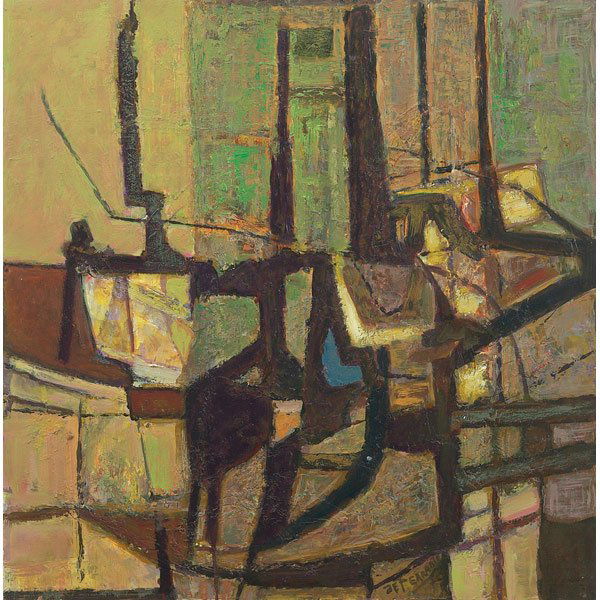 Mario de Ferrante Abstract oil/board: Mario de Ferrante (Italian/American, 1898-1992), "Abstract Composition", c. 1950; oil/board, 23" x 24", signed. Studied with Antonio Mancini in Italy before coming to the United States in 1922. He was