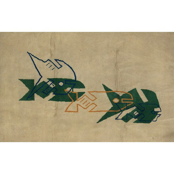 Angelo Testa rug, attribution: Angelo Testa rug, attribution, thick 100% wool, cubist design of fish in blue, green and orange on an off-white field, unmarked, 72" x 109", light stains, very good condition