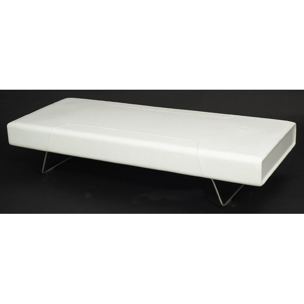 Edward Barber and Jay Osgerby "Loop" bench: Edward Barber and Jay Osgerby "Loop" bench, by Cappellini, molded foam seat covered in white leather over metal bases with aluminum finish, 68.5"w x 27"d x 14.5"h, excellent condition