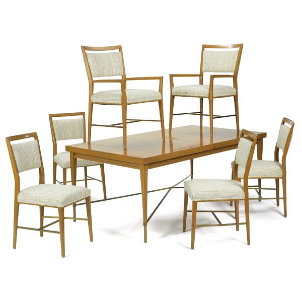 Paul McCobb dining table and chairs: Paul McCobb dining table and chairs, by Calvin, mahogany, square tubular brass stretchers, table with rectangular top and two 15" leaves, original finish, metal Calvin tag to table, chairs reupholster