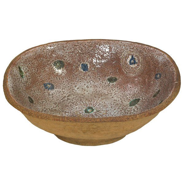 Massive Gordon Martz bowl: Massive Gordon Martz bowl, unglazed exterior and glazed interior with floral decoration and incised designs, incised signature "G Martz", 24"w x 21.5"d x 8.5"h, excellent condition