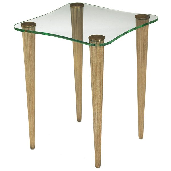 Gilbert Rohde Cloud table: Gilbert Rohde Cloud table, by Herman Miller, 1930s, square glass top with rounded corners over removable carved oak legs with brass caps to tops, 21.5"w x 22"d x 26.5"h, chips to glass, legs in very g