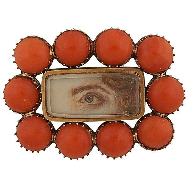 Lover's Eye 19th century brooch: Lover's Eye 19th century brooch, gold, red coral, glass, miniature painting of a hazel eye, back engraved: SB (in script), 1 1/2"w x 1 1/8"h