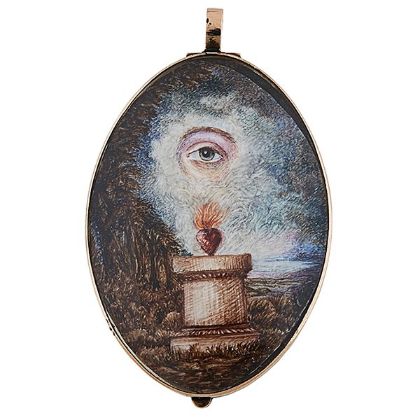 Lover's Eye 19th century navette form locket pendant: Lover's Eye 19th century navette form locket pendant, gold, glass, portrait miniature of a lady, mourning motif of an all seeing eye, blue eye in the sky above a flaming heart set on a column, locket: