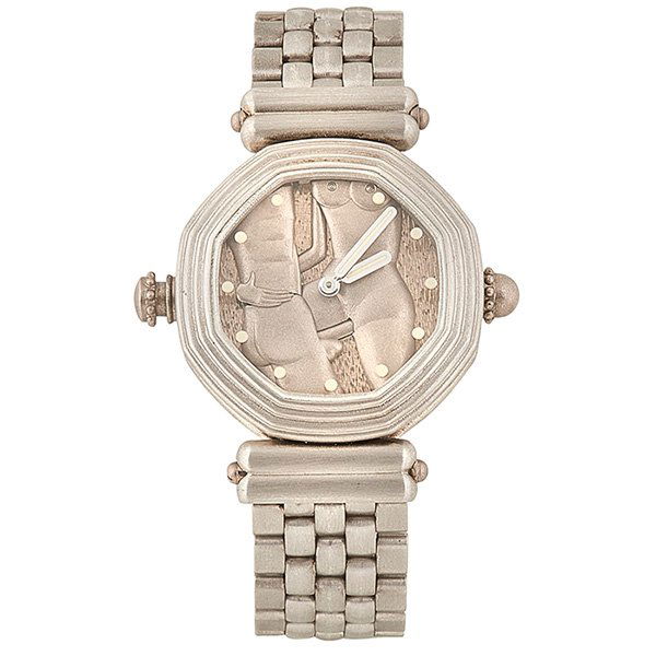 Gerald Genta erotic automated wristwatch: Gerald Genta, erotic automated wristwatch, Geneva, Switzerland, platinum, 1 1/4"dia, Provenance: Sotheby's, New York, NY, 17 October 2003, Lot 0075