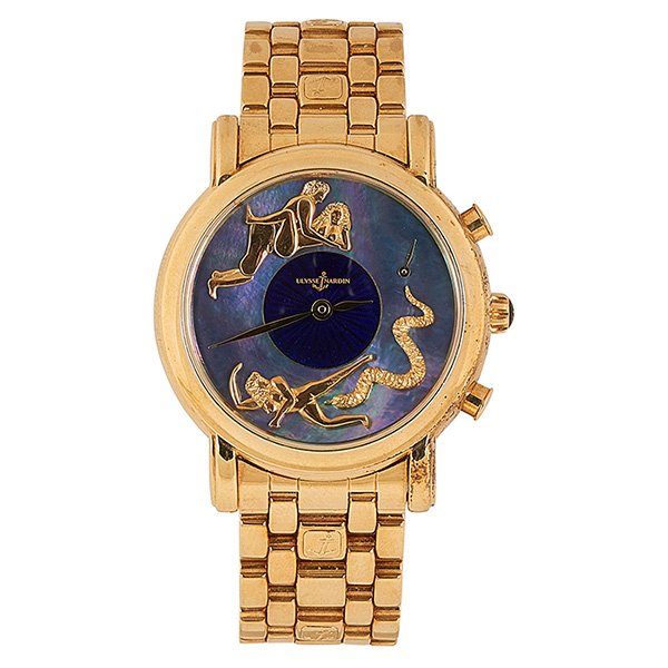 Ulysse Nardin erotic automated wristwatch: Ulysse Nardin, erotic automated wristwatch, Le Locle, Switzerland, 18K yellow gold, mother-of-pearl, face: 1 1/2"dia, Provenance: Christie's,New York, NY, Sale 1128, 6 Dec 2002, Lot 67