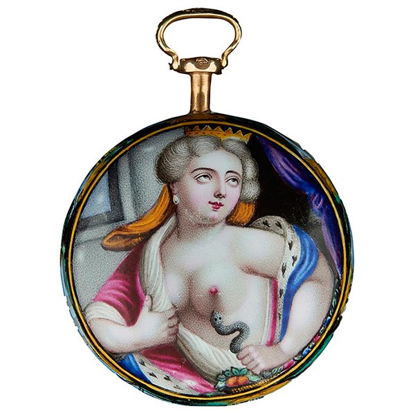Brodon Fils Cleopatra open face pendant watch: Brodon Fils, Cleopatra open face pendant watch, England, circa 1730, gold, polychrome enamel, 1 1/2"dia, Provenance: Antiquorum Auctioneers, Geneva, Switzerland, 24 April 2004, Sale 204102, Lot 330