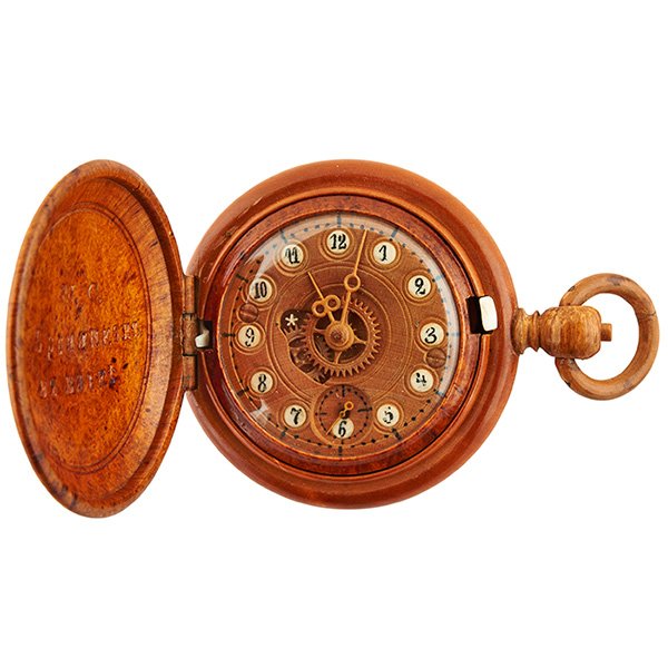 Mikhail Semyonovitch Bronnikov pocket watch: Mikhail Semyonovitch Bronnikov, pocket watch, Russian, circa 1860, boxwood, bone, with certificate, 2"dia, Provenance: The Sandberg Watch Collection, Antiquorum Auctioneers, Geneva, Switzerland, 31 Ma