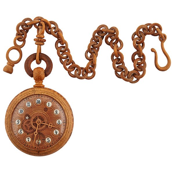 Mikhail Semyonovitch Bronnikov open face pocket watch: Mikhail Semyonovitch Bronnikov, open face pocket watch, Russian, circa 1865, birchwood, bone, 2"dia, Provenance: Antiquorum Auctioneers, Geneva, Switzerland, 16 November 2002, Sale 202114, Lot 166