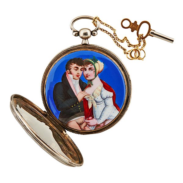 French, Circa 1810 erotic open face pocket watch: French, Circa 1810, erotic open face pocket watch, silver case, polychrome enamel, 2 1/4"dia Provenance: Pieces of Time, London, England, 15 January 2003