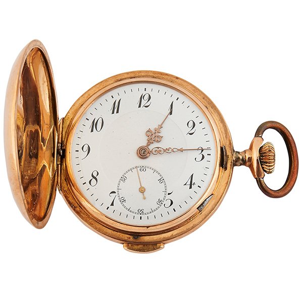 Swiss, Late 19th / Early 20th Century Man and Beer: Swiss, Late 19th / Early 20th Century, Man and Beer Wench concealed erotic hunting case pocket watch, 14K yellow gold, polychrome enamel automated scene, chiming mechanism, 2"dia, Provenance: Pieces o