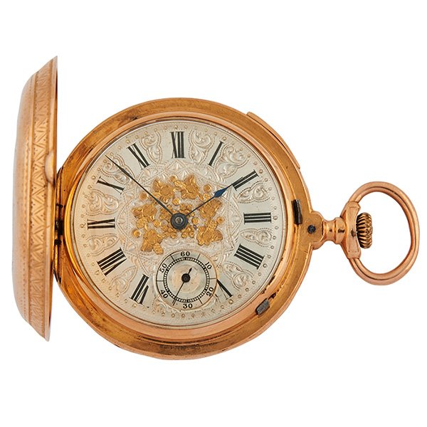 Swiss, Late 19th / Early 20th Century erotic hunting: Swiss, Late 19th / Early 20th Century, erotic hunting case automated and chiming pocket watch, 18K rose gold, polychrome enamel automated scene, 2"dia, Provenance: Pieces of Time, London, England, 17 