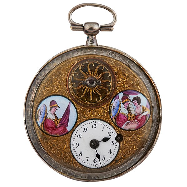 18th Century erotic open face pocket watch: 18th Century, erotic open face pocket watch, silver case, polychrome enamel roundels, 2 1/8"dia, Provenance: Father Time Antiques, Chicago, IL, 10 October 2001