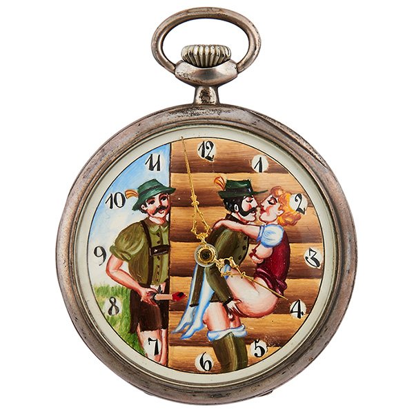 International Watch Co. Two Men in Lederhosen and a: International Watch Co., Two Men in Lederhosen and a Wench erotic open face pocket watch, Schaffhausen, Switzerland, coin silver case, 2"dia