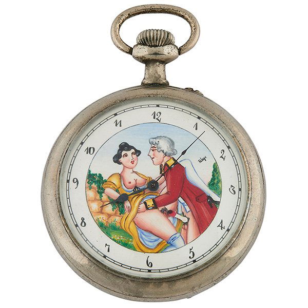 Doxa Colonial Couple in the Countryside automated: Doxa, Colonial Couple in the Countryside automated erotic open face pocket watch, Switzerland, 2 5/8"dia