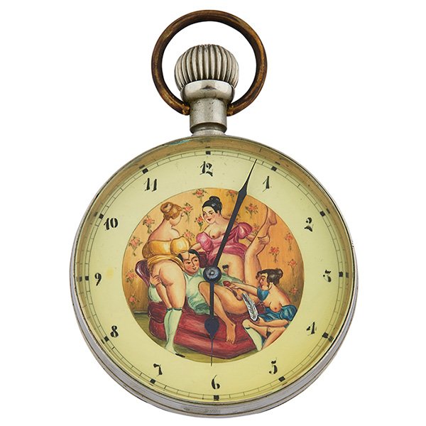 Doxa Three Women, a Man and a Feather erotic automated: Doxa, Three Women, a Man and a Feather erotic automated open face pocket watch, Switzerland, nickel case, 2 1/2"dia