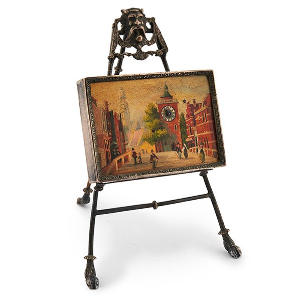 Continental miniature framed picture clock on easel: Continental, miniature framed picture clock on easel, .800 silver, grotesque mask and hoof feet, 3 1/2"w x 4"d x 5"h