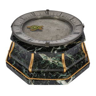 French, circa 1890 Swimming Turtle mystery clock: French, circa 1890, Swimming Turtle mystery clock, green marble, brass, pewter, ceramic, 11"w x 10 1/2"d x 5"h, Provenance: Richard Price & Associates, Antiquarian Horologists, Bourton, Dorset, Englan