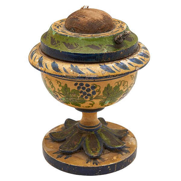 Antique pin-cushion erotic clock on base: Antique, pin-cushion erotic clock on base, painted wood, 4"d x 5"h