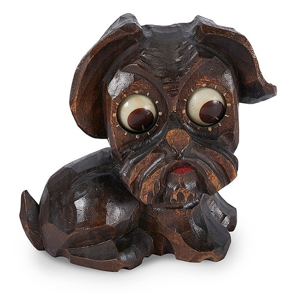 Oswald Uhrenfabrik Scottie Dog rolling eye clock: Oswald Uhrenfabrik, Scottie Dog rolling eye clock, Germany, carved wood, partial sticker to base, impressed marks, 4 3/4"w x 2 1/2"d x 4 1/2"h