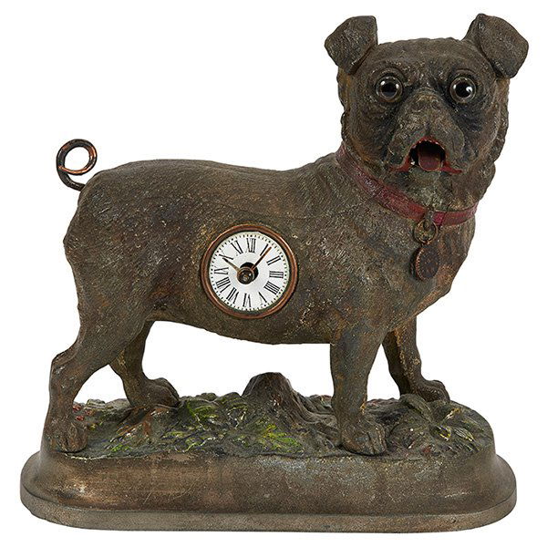 Victorian Pug figural clock: Victorian, Pug figural clock, dog has wagging tail and panting tongue, 6 3/4"w x 3 1/8"d x 6 1/2"h, Provenance: Larry Dalton Antiques, Scarsdale, NY, 15 October 1999