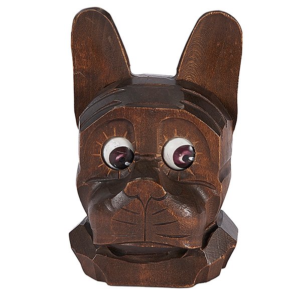 Oswald Uhrenfabrik Dog Head rolling eye clock: Oswald Uhrenfabrik, Dog Head rolling eye clock, #1737, Germany, carved wood, stamped marks to back, impressed number to base, 2 1/2"w x 2"d x 4"h