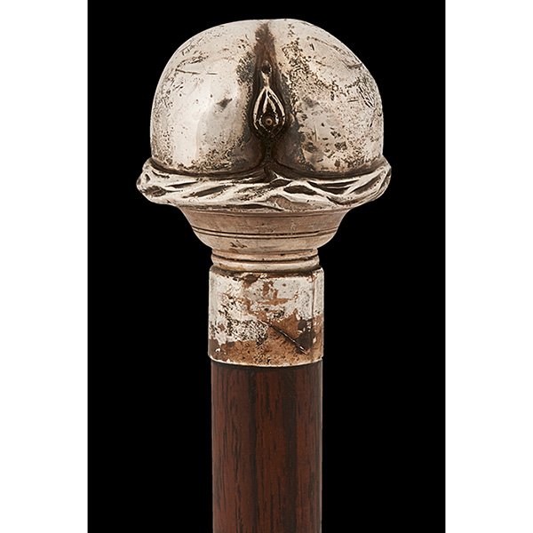 Erotic Squirting cane (bent over woman): Erotic, Squirting cane (bent over woman), silver-plate handle, silver collar, rosewood shaft, nickel ferrule/tip, collar with hallmarks for Christopher Walker, Chester, 1909, 1 7/8"dia x 2 3/8"h; 34 3