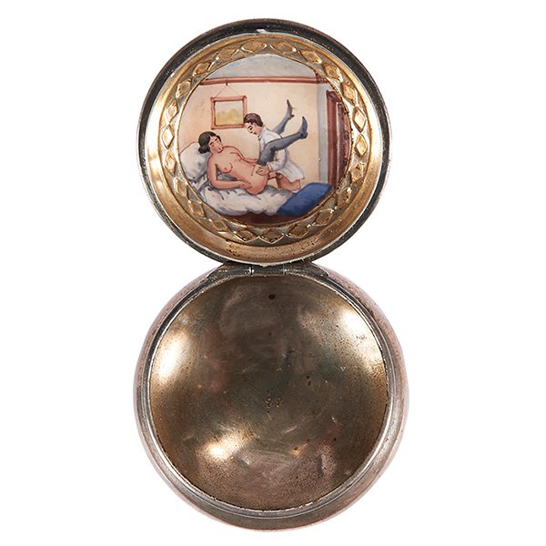Erotic cane: Erotic, cane, London, England, 1880, silver handle, ebonized wood shaft, horn ferrule/tip, hallmarks to silver handle, lid opens to an enameled scene of a doctor with patient, handle: 1 1/2"dia x 1 3/
