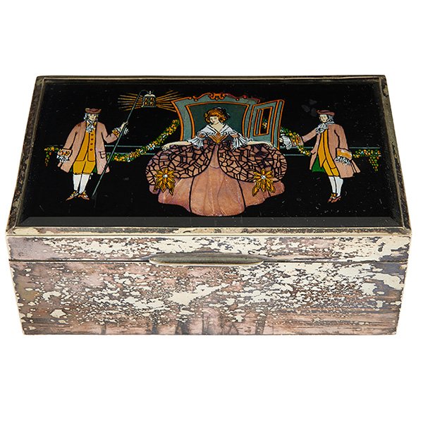 Erotic Naughty Dog box: Erotic, Naughty Dog box, silver-plated metal, butterfly wings and painted scene, enameled plaque, mahogany, with key and winding mechanism for dog's tongue, 5 5/8"w x 3 5/8"d x 2 1/8"h