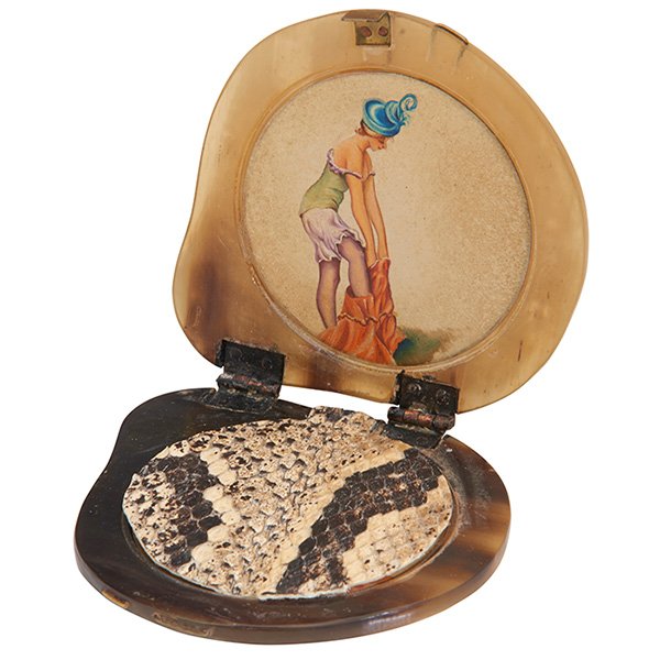 Continental Undressing Lady fetish compact: Continental, Undressing Lady fetish compact, horn, snake skin, painted scene, 3"w x 3 1/2"l