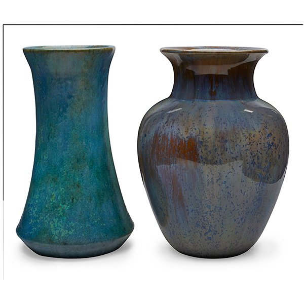 Fulper Pottery Co. waisted vase first: 4.5"dia x 7.5"h;: Fulper Pottery Co., waisted vase, Flemington, NJ, 1909-1916, glazed ceramic, marked, together with a baluster vase, 1916-1922, first: 4.5"dia x 7.5"h; second: 5.5"dia x 7.5"h