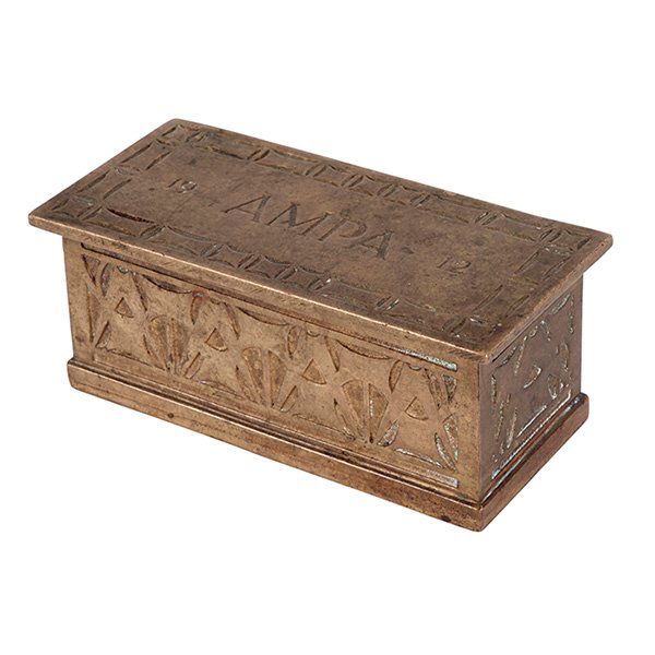Robert Riddle Jarvie (1865-1941) American Meat Packers: Robert Riddle Jarvie (1865-1941), American Meat Packers Association stamp box, Chicago, IL, 1912, brass, stamped signature, design by George Grant Elmslie (1869-1952), 4.25"w x 2"d x 1.75"h
