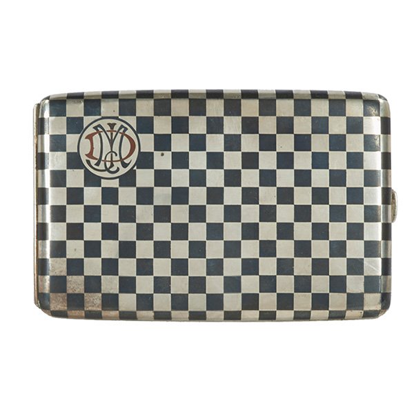 Chinese, after a design by Koloman Moser (1868-1918): Chinese, after a design by Koloman Moser (1868-1918), cigarette case, niello enameled silver, stamped mark, 5 1/8"w x 3 1/4"h
