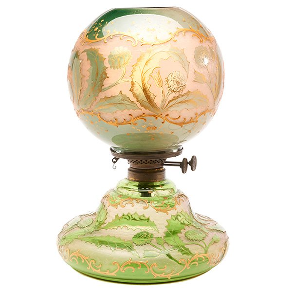 Victorian Period oil lamp overall: 11"w x 15.5"h: Victorian Period, oil lamp, cameo cut glass, enamel, unsigned, overall: 11"w x 15.5"h