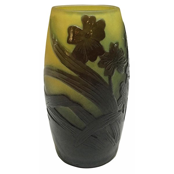 Galle Floral vase 2.25"dia x 4"h: Galle, Floral vase, Nancy, France, cameo cut glass, signed, 2.25"dia x 4"h