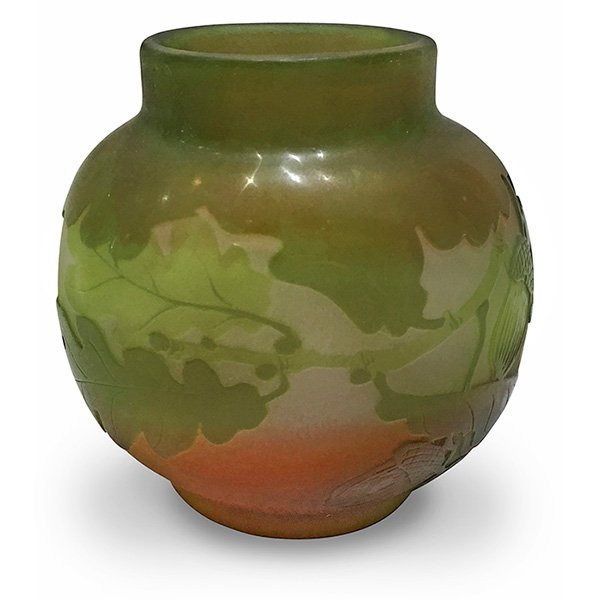 Galle Oak Branches vase 3.5"dia x 3.5"h: Galle, Oak Branches vase, Nancy, France, cameo cut glass, signed, 3.5"dia x 3.5"h