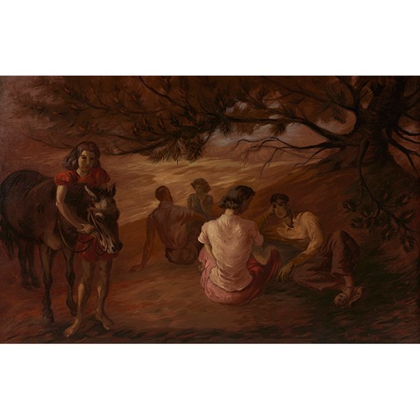 Peppino Mangravite, (American, 1896-1978), Young: Peppino Mangravite, (American, 1896-1978), Young People's Party, 1936, oil on canvas, signed and dated lower right, 29" x 45". Provenance: Carnegie Institute, Pittsburgh, Pennsylvania (label on verso)