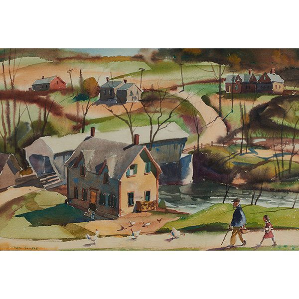 Paul Sample, (American, 1896-1974), Old Man and Young: Paul Sample, (American, 1896-1974), Old Man and Young Girl on a Walk, watercolor, signed lower left, 14.5" x 21"