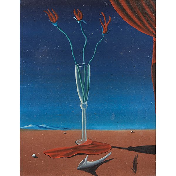Jorge Noceda Sanchez, (Dominican/American, 1931-1987),: Jorge Noceda Sanchez, (Dominican/American, 1931-1987), Surrealist Landscape, oil on masonite, signed lower right, 4.25" x 3.25"