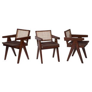 Pierre Jeanneret Armchairs, six, model PJ-SI-28-A: Pierre Jeanneret, Armchairs, six, model PJ-SI-28-A, France/India, c. 1953-54, teak, caning, upholstery, Variant of the model made for the Mill Owners Association, Ahmedabad, tallest: 20"w x 22"d x 31.