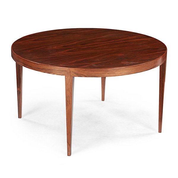 Severin Hansen Haslev Mobelsnedkeri A/S coffee table: Severin Hansen for Haslev Mobelsnedkeri A/S, coffee table, Denmark, 1960s, rosewood, round top, paper label and Made in Denmark stamp, 35.5"dia x 19.75"h. Provenance: The Collection of Anthony Nelson,