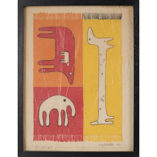 Angelo Testa (1921-1984) rug design framed size:: Angelo Testa (1921-1984), rug design, USA, 1961, paint or wax crayon, paper, pencil, signed "Angelo Testa 1961", The rug dimensions are indicated in pencil at lower left: 9' x 10'6", framed size: 11.7