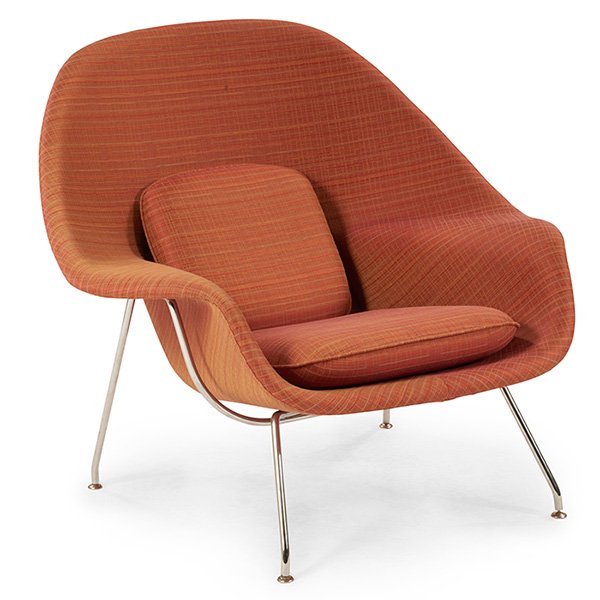 Eero Saarinen (1910-1961) for Knoll International Womb: Eero Saarinen (1910-1961) for Knoll International, Womb chair, USA, c.1990, steel, Knoll orange silk upholstery, 40"w x 36"d x 36"h