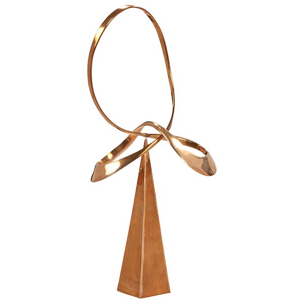 Bill Keating (b. 1932) 2-Part Kinetic sculpture 12"w x: Bill Keating (b. 1932), 2-Part Kinetic sculpture, Chicago, IL, USA, 1980s, bronze, signed "Bill Keating 1981", with a clear Lucite pedestal, 12"w x 25"h, pedestal: 9.5" x 36"h