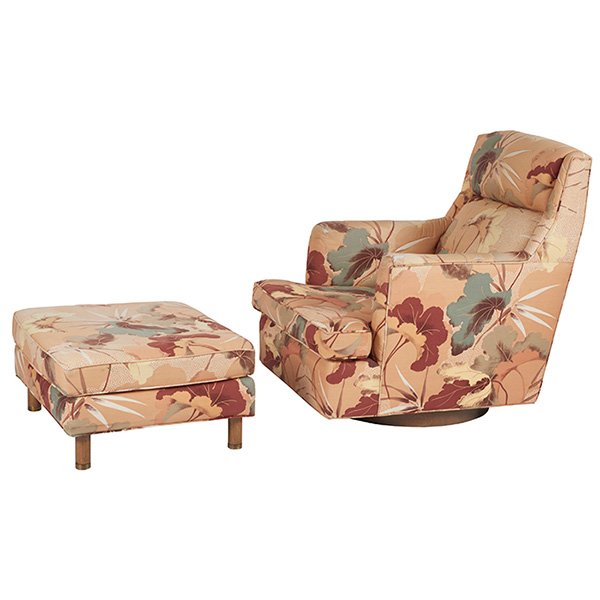 Edward Wormley (1907-1995) for Dunbar lounge chair and: Edward Wormley (1907-1995) for Dunbar, lounge chair and ottoman, USA, 1960s, mahogany, brass, upholstery, 30"w x 36"d x 37"h, 28"w x 24"d x 13.5"h