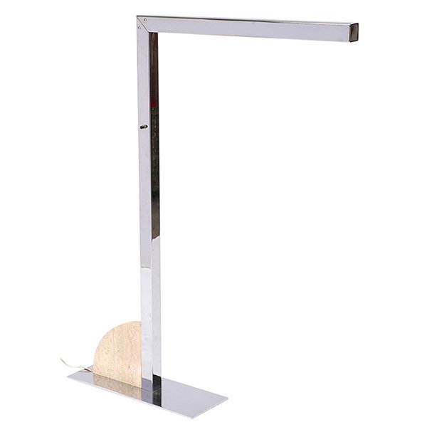 George Kovacs (1926-2007) for George Kovacs Lighting: George Kovacs (1926-2007) for George Kovacs Lighting, floor lamp, USA, 1970s, polished steel, travertine marble, signed with Kovacs label, the horizontal arm can be repositioned to create a vertical f