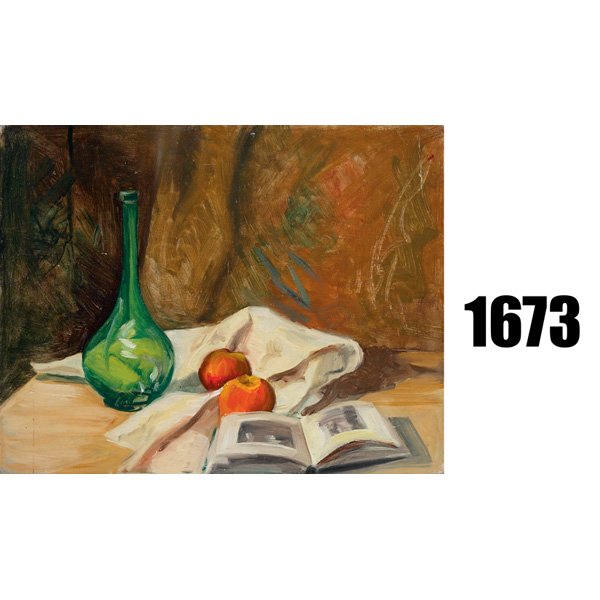Bessie Hoover Wessel, "Still Life with Green Bott: Bessie Hoover Wessel (American), "Still Life with Green Bottle", oil on canvas, laid down, unsigned, unframed, 20" x 16". Cincinnati painter.