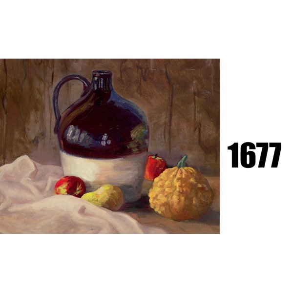 Bessie Hoover Wessel, "Still Life with Jug", oil: Bessie Hoover Wessel (American), "Still Life with Jug", oil on canvas, laid down, unsigned, unframed, 20" x 16". Cincinnati painter.