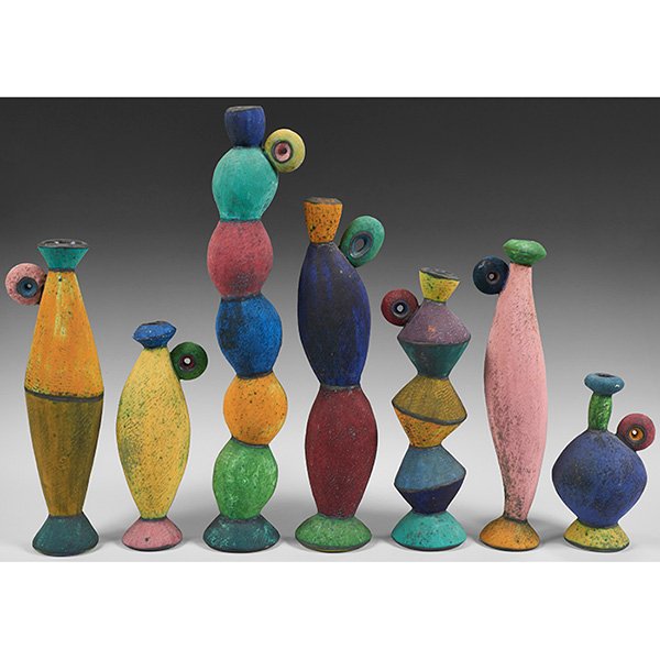 Michael Sherrill, (American, b. 1954), Untitled: Michael Sherrill, (American, b. 1954), Untitled (set of seven vessels), stoneware, largest 21"h x 4.5"w x 3"d. Provenance: Provenance: Thomas Mann Gallery, New Orleans, Louisiana