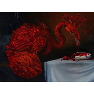 Laurie Hogin, (American, b. 1963), Untitled: Laurie Hogin, (American, b. 1963), Untitled (Red Bird), oil on panel, signed and dated on verso, 17.75" x 23.5" held in artist made frame. Provenance: Provenance: Peter Miller Gallery, Chicago, Illino